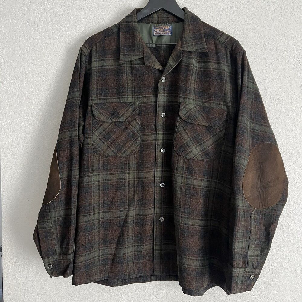 Vintage Pendleton Men’s Hombre Plaid Board Shirt Suede Elbow Patches Size L